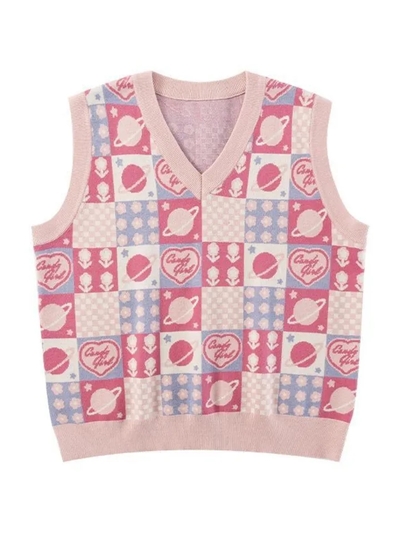 Pink Floral Checkered Sweater Vest 