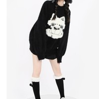 Haunted Night Black Cat Cute Harajuku Cartoon Mink Faux Fur Cozy Sweaters - Thumbnail 1