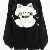 Haunted Night Black Cat Cute Harajuku Cartoon Mink Faux Fur Cozy Sweaters - Thumbnail 2