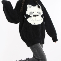 Haunted Night Black Cat Cute Harajuku Cartoon Mink Faux Fur Cozy Sweaters - Thumbnail 4
