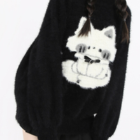 Haunted Night Black Cat Cute Harajuku Cartoon Mink Faux Fur Cozy Sweaters - Thumbnail 3
