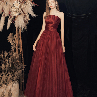 Burgundy strapless tulle long prom dress, beautiful a-line evening dress - Thumbnail 2