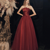 Burgundy Strapless Tulle Long Prom Dress, Beautiful A-Line Evening Dress - Thumbnail 1