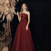 Burgundy Strapless Tulle Long Prom Dress, Beautiful A-Line Evening Dress - Thumbnail 2