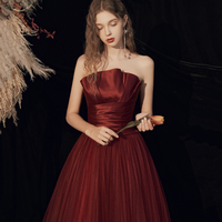 Burgundy Strapless Tulle Long Prom Dress, Beautiful A-Line Evening Dress - Thumbnail 3