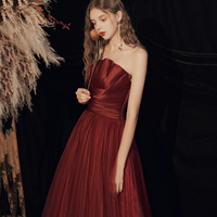 Burgundy Strapless Tulle Long Prom Dress, Beautiful A-Line Evening Dress - Thumbnail 4