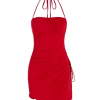 Red Slit Asymmetrical Dress - Thumbnail 4