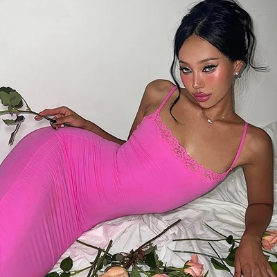 Pink patchwork lace maxi dress - Thumbnail 3