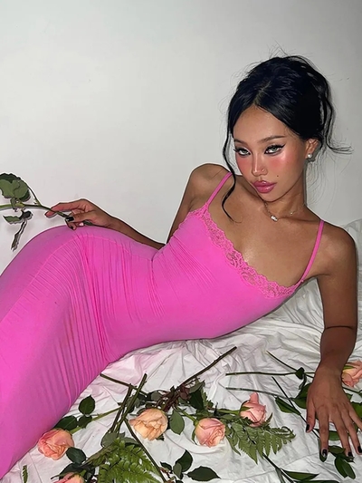 Pink Patchwork Lace Maxi Dress