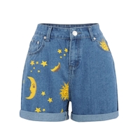 Moon Star Print Denim Shorts - Thumbnail 1
