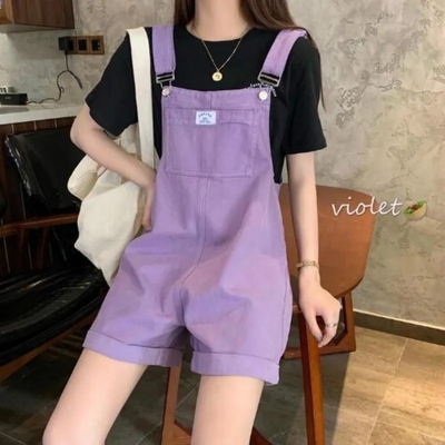 Purple Suspender Denim Overalls Shorts