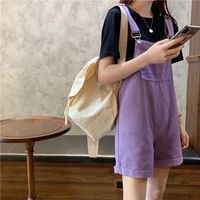 Purple Suspender Denim Overalls Shorts - Thumbnail 4
