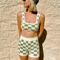 2PCS Green Checkered Knit Crop Top + Shorts - Thumbnail 1