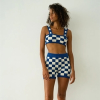 2PCS Green Checkered Knit Crop Top + Shorts - Thumbnail 6