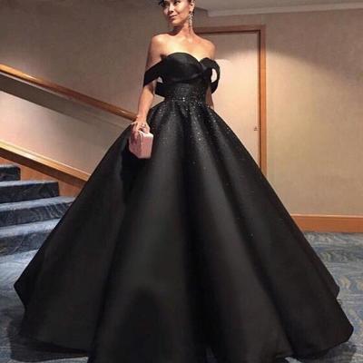 Off shoulder black satin beaded ball gown prom dresses - Thumbnail 3