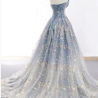 Mermaiid A Line Blue Tulle Long Strapless Evening Dresses - Thumbnail 1