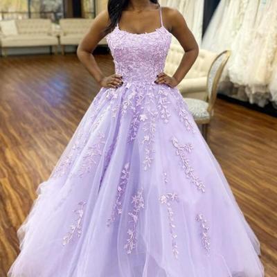 A-line purple lace long prom dresses - Thumbnail 3