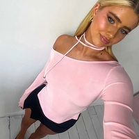 Pink Off Shoulder Long Sleeve Crop Top - Thumbnail 2