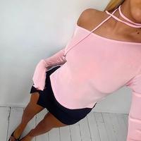 Pink Off Shoulder Long Sleeve Crop Top - Thumbnail 3