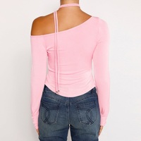Pink Off Shoulder Long Sleeve Crop Top - Thumbnail 4