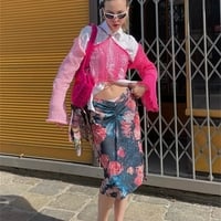 Pink Color Contrast Knit Long Sleeve Halter Top - Thumbnail 4