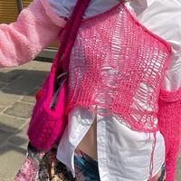 Pink Color Contrast Knit Long Sleeve Halter Top - Thumbnail 1