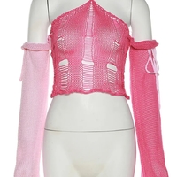 Pink Color Contrast Knit Long Sleeve Halter Top - Thumbnail 6
