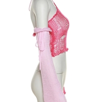 Pink Color Contrast Knit Long Sleeve Halter Top - Thumbnail 7