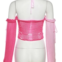 Pink Color Contrast Knit Long Sleeve Halter Top - Thumbnail 8