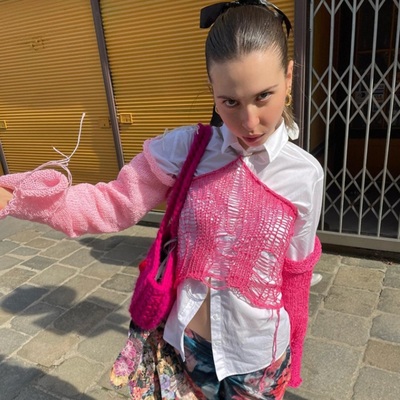 Pink Color Contrast Knit Long Sleeve Halter Top