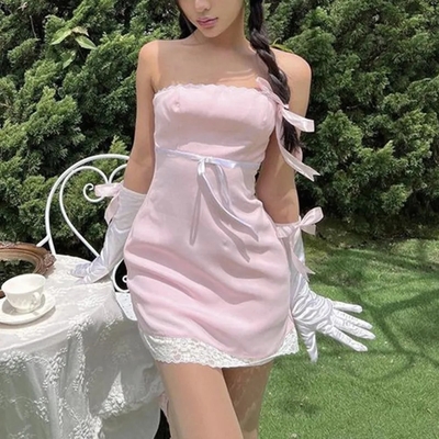 Pink Satin Lace Trim Strapless Dress 