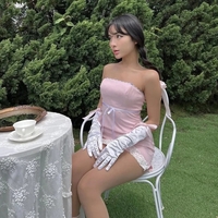 Pink Satin Lace Trim Strapless Dress  - Thumbnail 3