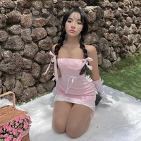 Pink Satin Lace Trim Strapless Dress  - Thumbnail 4