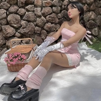 Pink Satin Lace Trim Strapless Dress  - Thumbnail 5