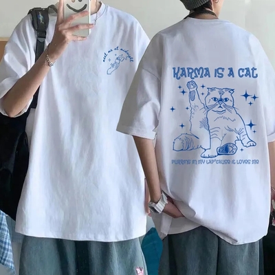 Funny Cat Karma Print Short Sleeve T-shirt 