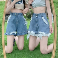 Sweet Lace Wide Leg Denim Shorts - Thumbnail 1