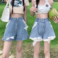 Sweet Lace Wide Leg Denim Shorts - Thumbnail 4