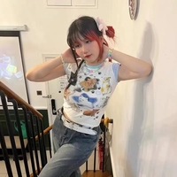 Cat Print Patchwork Short Sleeve T-shirt  - Thumbnail 3