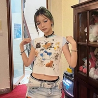 Cat Print Patchwork Short Sleeve T-shirt  - Thumbnail 5