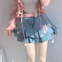 Heart Embroidery Blue Denim Skirt - Thumbnail 4