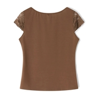 Brown Lace Trim Short Sleeve Shirt  - Thumbnail 3