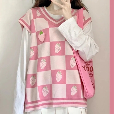 Pink Strawberry Plaid Sweater Vest