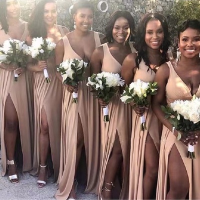 V neck bridesmaid dresses slit side gown for wedding party - Thumbnail 1