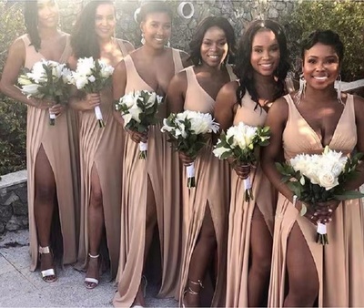 V Neck Bridesmaid Dresses Slit Side Gown for Wedding Party