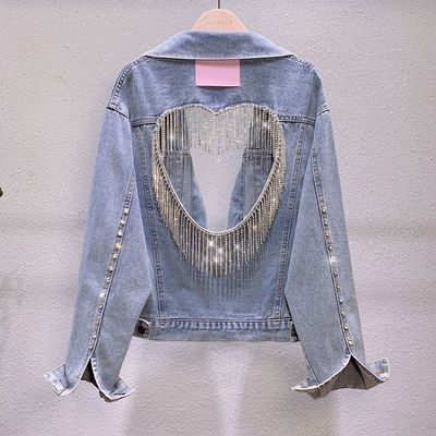 New Heavy Industry Rhinestone Tassel Love Backless Denim Short Jacket