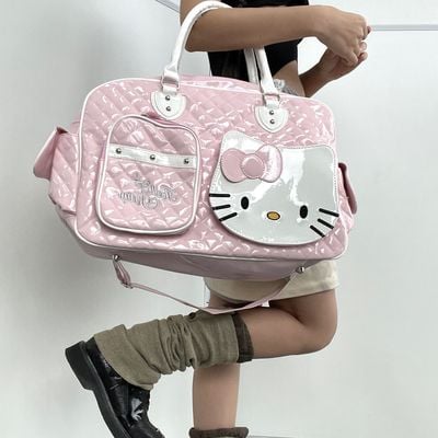 Y2k punk goth japanese girl kitty black pink large capicity travel satchel bag