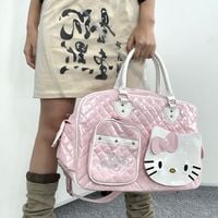 Y2K Punk Goth Japanese Girl Kitty Black Pink Large Capicity Travel Satchel Bag - Thumbnail 2