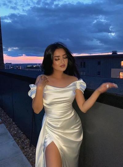 Off Shoulder A Line Ivory Prom Dresses , Formal Party Dresses