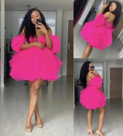 Off Shoulder Hot Pink Puffy Short Prom Dresses