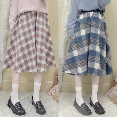 Japanese wool autumn winter soft girl plaid pink & blue stripes long elastic gathered waist skirt - Thumbnail 5